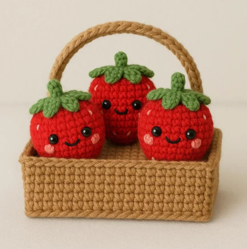 Strawberries Basket with 4 Strawberries for Home Decorations