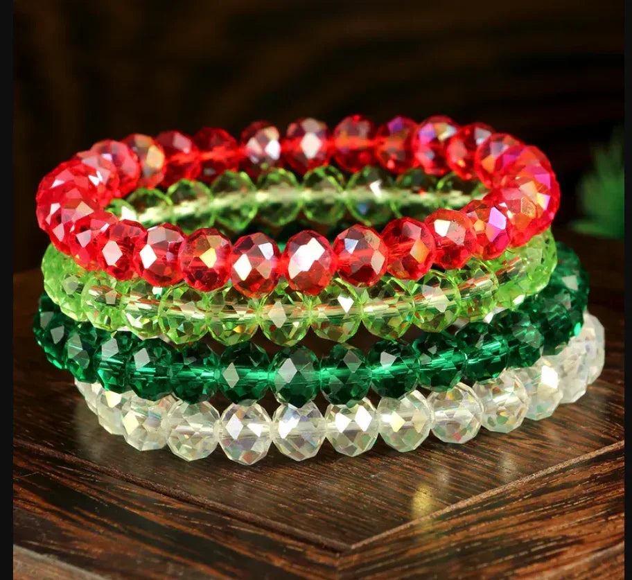Bohemian Multicolor Artificial Crystal Elastic Bracelet For Women, Colorful Transparent Round Beads Crystal Beaded Bracelet