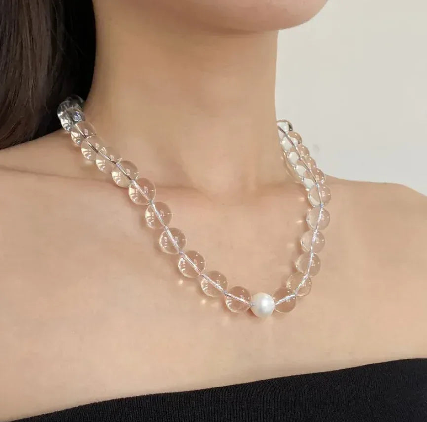 Summer Cool White Crystal Pearl Women's Necklace Transparent Round Beads Simple Clavicle Chain High-End Feelings Choker Necklaces