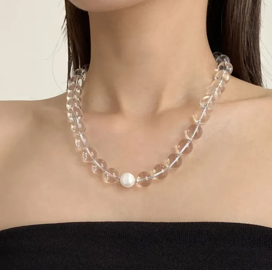Summer Cool White Crystal Pearl Women's Necklace Transparent Round Beads Simple Clavicle Chain High-End Feelings Choker Necklaces