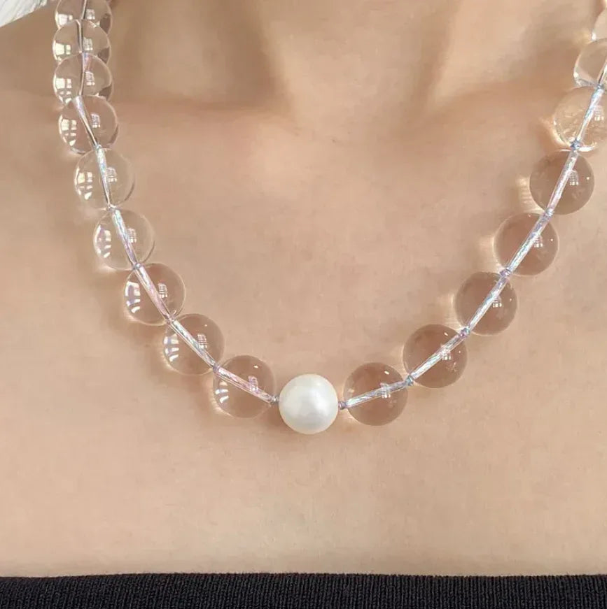 Summer Cool White Crystal Pearl Women's Necklace Transparent Round Beads Simple Clavicle Chain High-End Feelings Choker Necklaces
